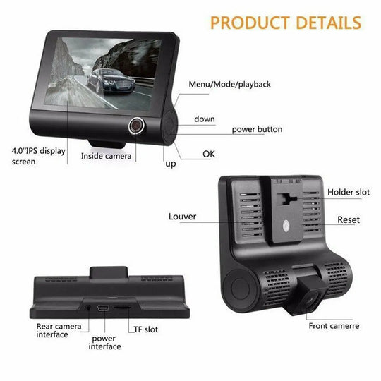 Car DVR 3 Cameras Lens 4.0 Inch Dash Camera Dual Lens With Rearview - Shakefav.com