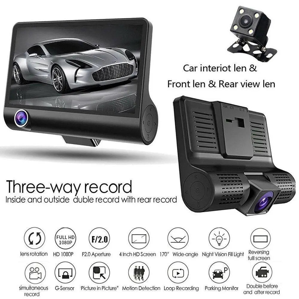 Car DVR 3 Cameras Lens 4.0 Inch Dash Camera Dual Lens With Rearview - Shakefav.com